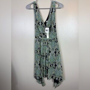 Corey P Paisley Floral Dress Black Teal Blue Size 12 Handkerchief Hemline NWT